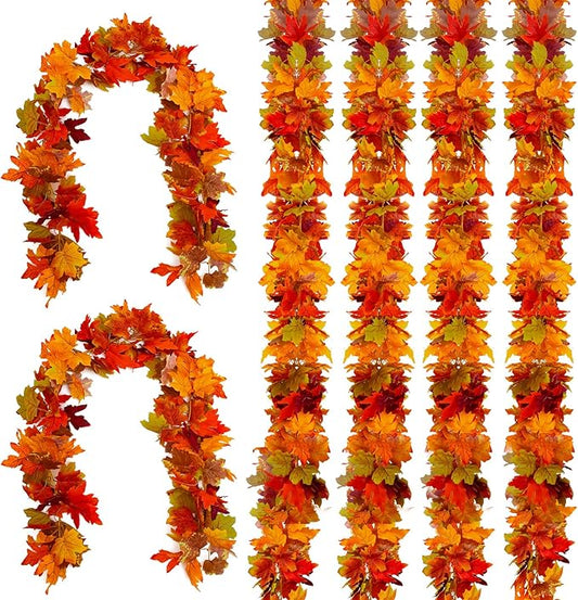 Joyhalo 6 Pack Fall Garland, Autumn Leaves Garland for Mantle Indoor Outdoor Fall Decor,Hanging Maple Leaf Foliage Vines for Fireplace, Front Door, Porch and Thanksgiving Decor