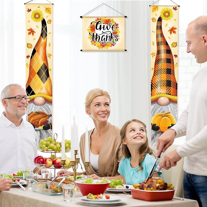 Breling 3 Pieces Fall Thanksgiving Porch Banner Sign Welcome Gnome Pumpkin Turkey Door Banner Thanksgiving Hanging Decoration 12x71 Inch for Home Front Door Harvest Outdoor Yard Party Supplies