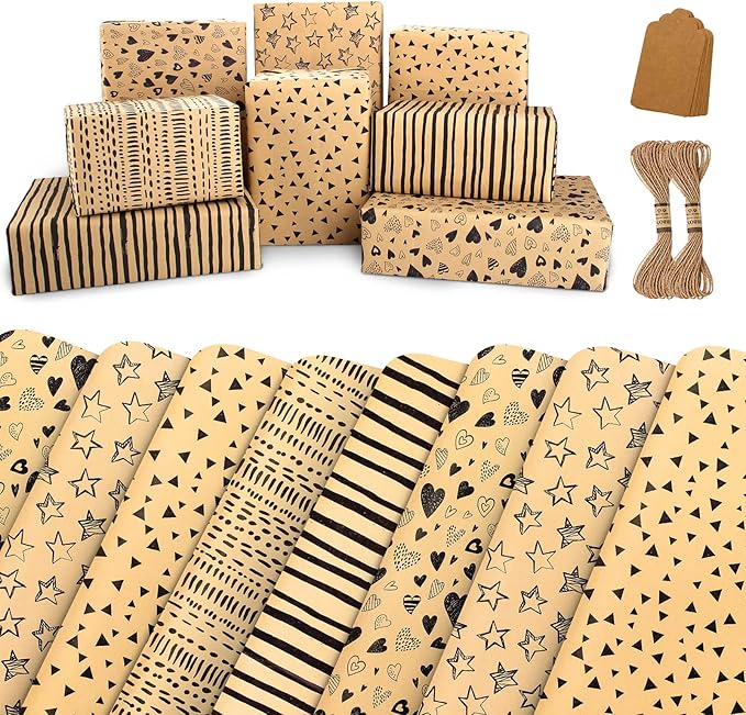 Wrapping Paper Sheets-Gift Wrapping Paper Set with Tags & String-Brown Kraft Wrapping Paper Birthday Gift Wrap for Present Wrapping Paper-Birthday Paper Birthday Wrap for Women Girl Men Boys Kids(6 Sheets, 28"Lx20"W per Sheet)