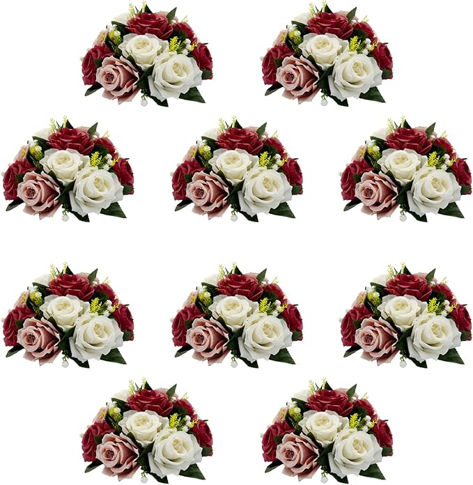 10Pcs Artificial Flower Balls for Centerpieces, Fake Floral Centerpieces Wedding Roses Bouquet for Parties Valentine's Day Wedding and Home Decor (Burgundy & Dusty Rose & White)
