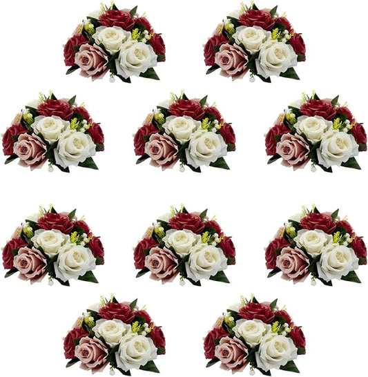 10Pcs Artificial Flower Balls for Centerpieces, Fake Floral Centerpieces Wedding Roses Bouquet for Parties Valentine's Day Wedding and Home Decor (Burgundy & Dusty Rose & White)