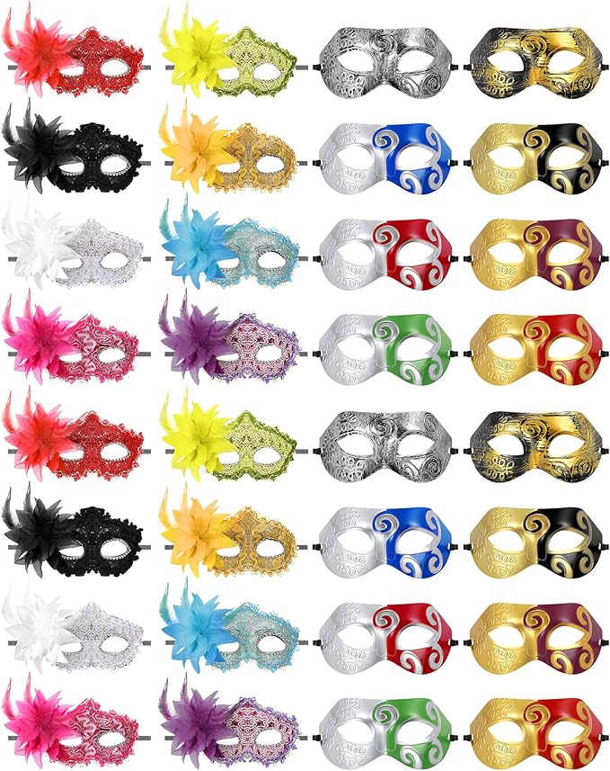 Sratte Couple Masquerade Mask with Feather Flower Unisex Half Face Venetian Mask for Mardi Gras Party