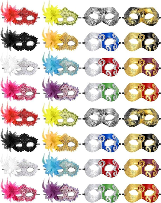 Sratte Couple Masquerade Mask with Feather Flower Unisex Half Face Venetian Mask for Mardi Gras Party