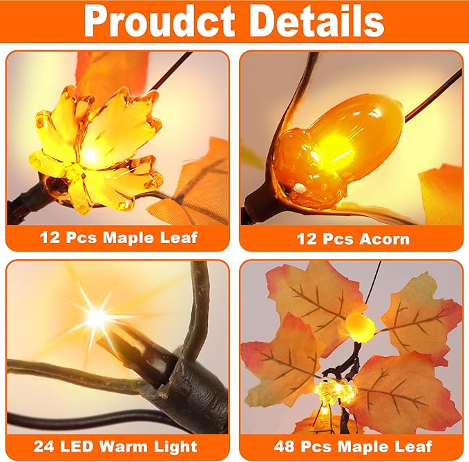 2 Pack 24 Inch Artificial Lighted Fall Maple Tree Thanksgiving Decorations with 48 LEDs Battery Operated Timer Prelit Acorn Maple Tree Lights for Thanksgiving Table Decor Home Indoor Autumn Harvest