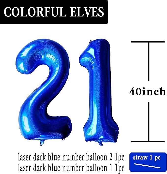 Laser Navy Blue Number 21 Balloons 40 Inch Giant Number Dark Blue 21 Foil Mylar Balloons 12th or 21st Birthday Anniversary Events Party Decorations