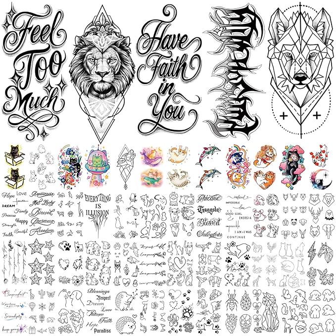 77 Sheets Pet Animal Temporary Tattoo for Women Men, 17 Sheets Half Arm Cat Dog Large Lion Wolf Flower Elephant Fake Tattoo, 60 Tiny Dolphin Rabbit for Adult Kids Body Tattoos Stickers Realistic
