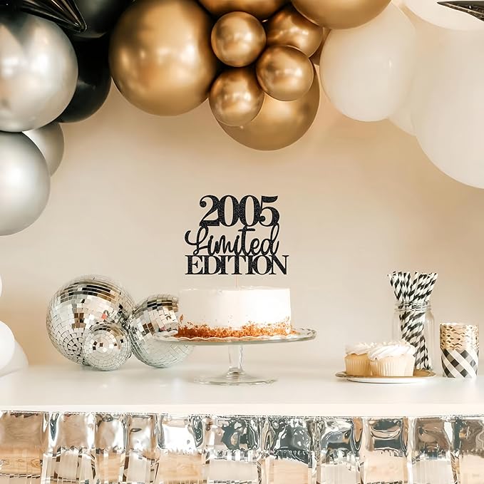 Limited EDITION 2005 Cake Topper - Black Glitter Happy 20th Birthday Party Cake Decoration Supplies, Cheer to 20 Years Cake Bunting Decor for 20th Birthday Party Photo Booth Props