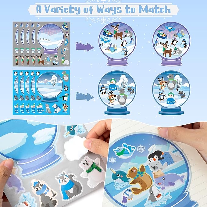 CY2SIDE Winter Polar Animals Make-a-Face Sticker Sheets - 40PCS Make Your Own Winter Crystal Ball Stickers Craft Games for Kids School Rewards DIY Winter Christmas Party Favors for Kids Home Project