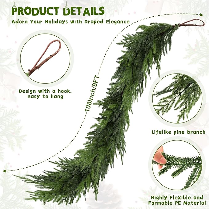 9FT Christmas Norfolk Pine Garland, Realistic Artificial Pine Garland, Real Touch Faux Greenery Garlands for Table, Mantle, Winter Holiday Christmas Decorations Indoor Outdoor(1Pcs)