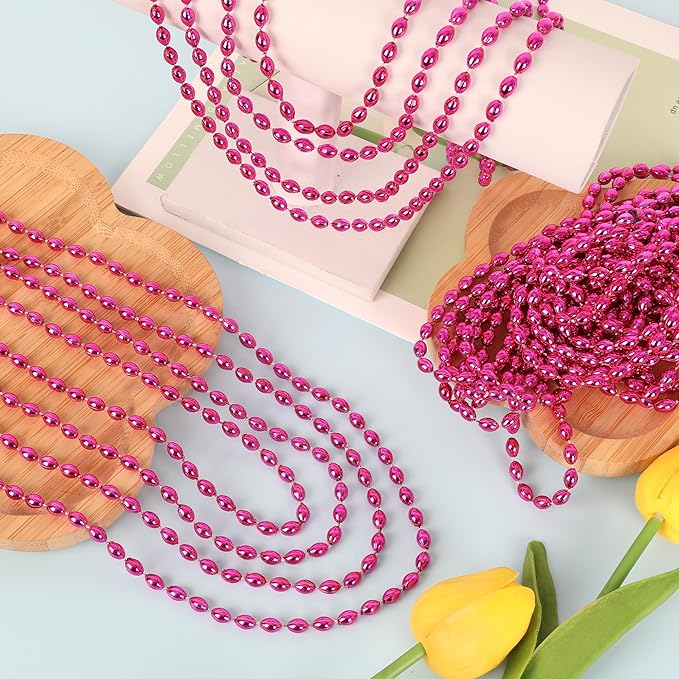 24PCS Breast Cancer Awareness Necklaces, Oval Breast Cancer Beaded Necklace Accessories, Metallic Hot Pink Mardi Gras Beads Necklaces for Gender Reveal Wedding Party Favors Decorations