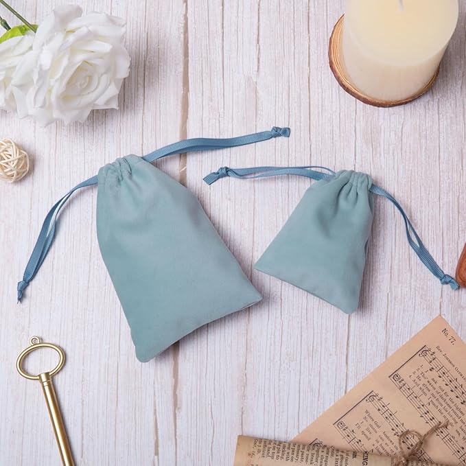 QIANF 12pcs Dusty Blue Velvet Drawstring Bags 3x4 inches Small Velvet Cloth Gift Bags Jewelry Pouches for Storage Wedding Party Favor Christmas