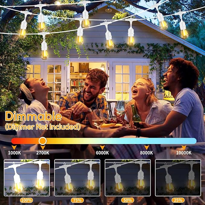 Outdoor String Lights LED White 100FT Patio Lights String with 32 1W Dimmable Shatterproof Bulbs for Wedding Pergola Gazebo Bistro Outdoor
