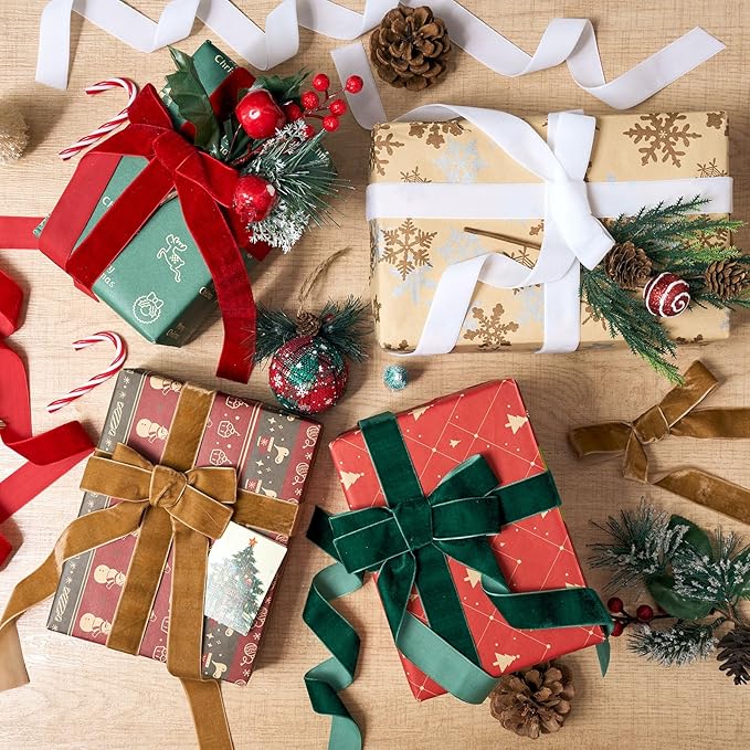 Chuangdi 80 Yards Christmas Velvet Ribbon, 4 Rolls 1" Wide Vintage Ribbon for Xmas Gift Wrapping Christmas Tree Wreath Ornaments DIY Crafts Decoration, Red Green Khaki White