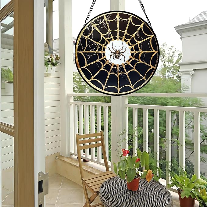 Stained Glass Window Hanging - Black Gold Spider Suncatcher for Door Terrace Garden Home Decor Halloween Sun Catcher Christmas Birthday Gifts for Lovers Women Men Dad Mom Nana 15 in