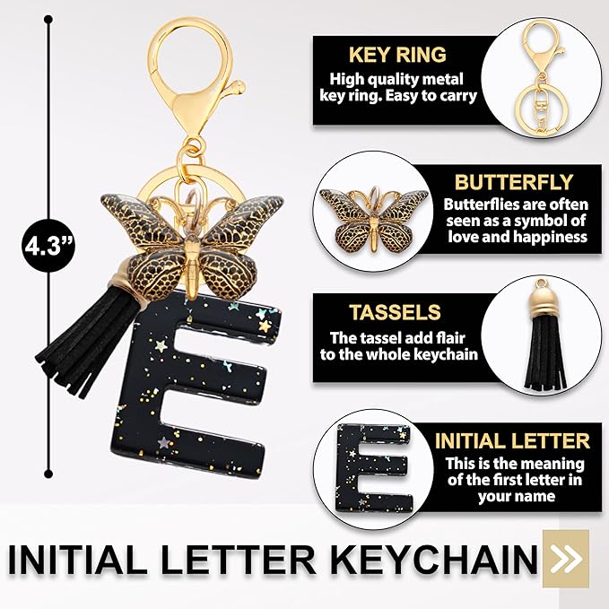 Initial Letter Keychain, Butterfly Keychain Cute Resin, Initial Keychain Backpack Charms, Key chain for Women, Girls