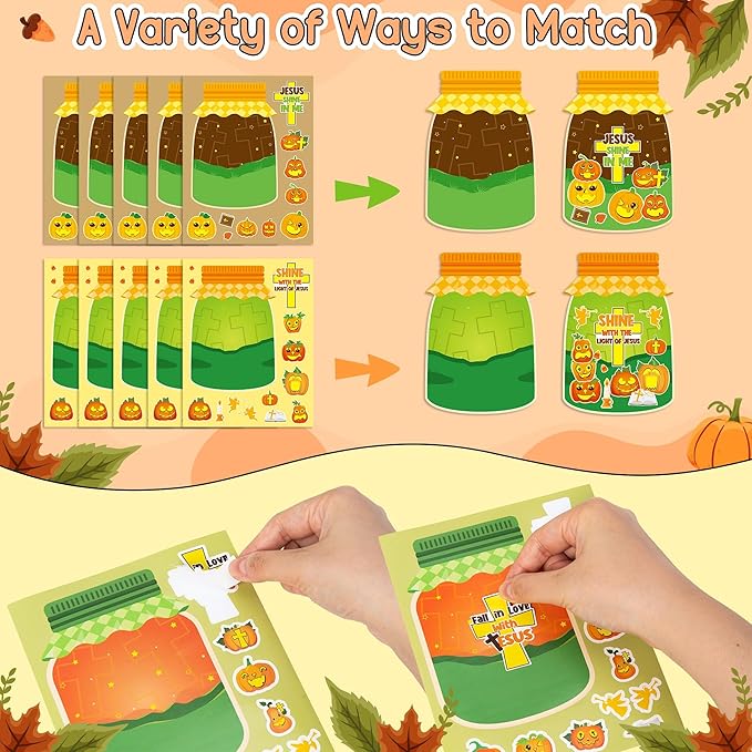 CY2SIDE Fall Religious Pumpkin Jar Sticker - 40PCS Fall Jesus Cross Pumpkin Jar Scene Make a Face Sticker Games for Kids Classroom Rewards, Autumn Theme Thanksgiving Church Sunday School Activities