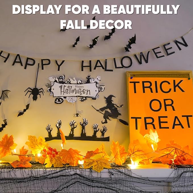 suddus Fall Leaves Garland with Lights, 20LED Battery Operated Fall Lights with Timer, Thanksgiving Decoration for Home, Table, Mantle, Office, Outdoor, Autumn, Halloween, Yellow