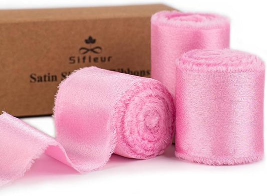 Satin Silk Ribbon, Light Pink Ribbon for Wrapping, 1-1/2 inch x 15 Yd Handmade Fabric Frayed Fringe Ribbons, for Wedding Engagement Bridal Shower Craft Flower Bouquet Invitation Decor, 3 Rolls