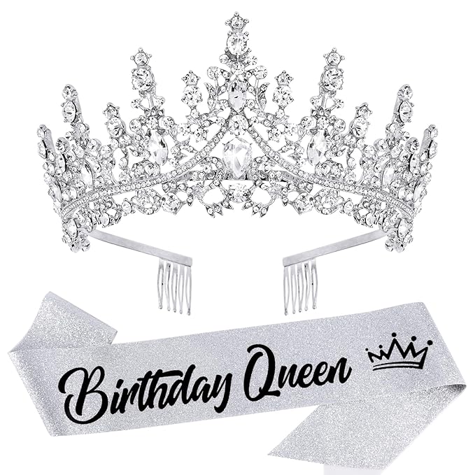 VELSCRUN Silver Crystal Birthday Queen Tiara Crowns for Women Girls Birthday Queen Headband Sash Elegant Princess Crown with Combs Hair Accessories Happy Birth Party Decorations Mom
