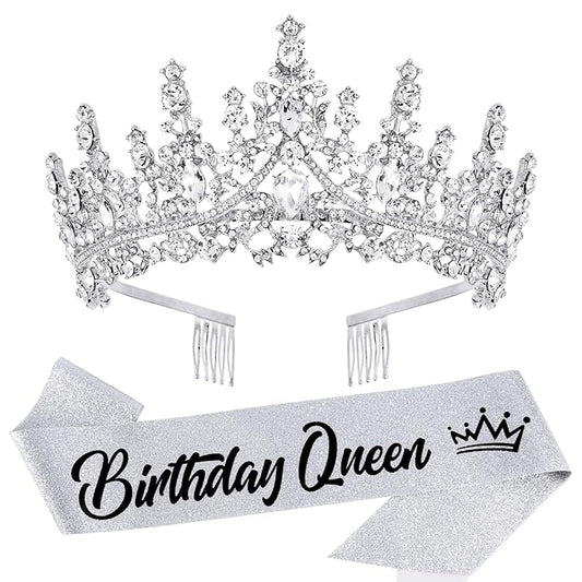 VELSCRUN Silver Crystal Birthday Queen Tiara Crowns for Women Girls Birthday Queen Headband Sash Elegant Princess Crown with Combs Hair Accessories Happy Birth Party Decorations Mom