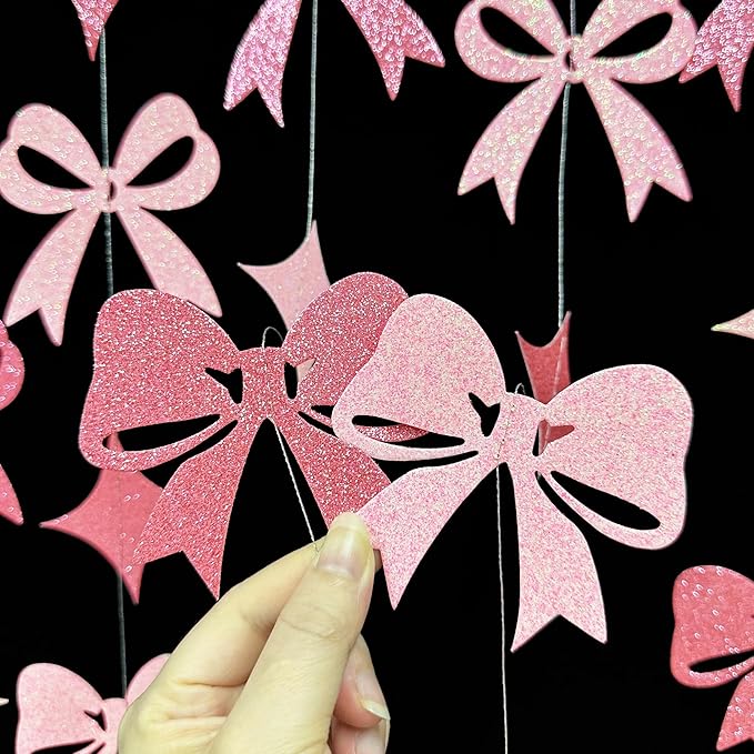 Pink Bow Decorations Pink Glitter Paper Star Bow Hanging Garland Streamer Banner for Coquette Birthday Bridal Shower Wedding Anniversary Bachelorette Engagement Baby Shower Party Decorations Supplies