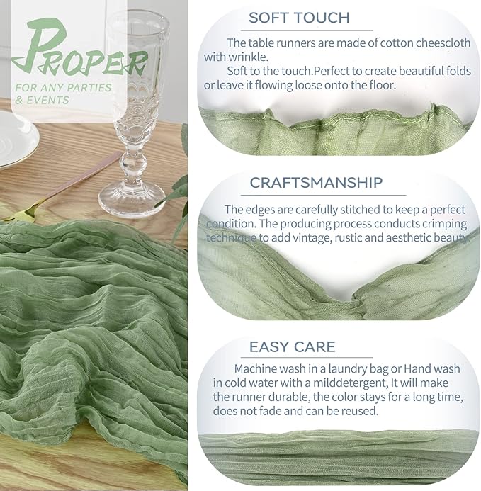5 Pack Sage Green Cheesecloth Table Runner, 10Ft x 35" Sage Rustic Gauze Boho Wedding Table Runner Decoration