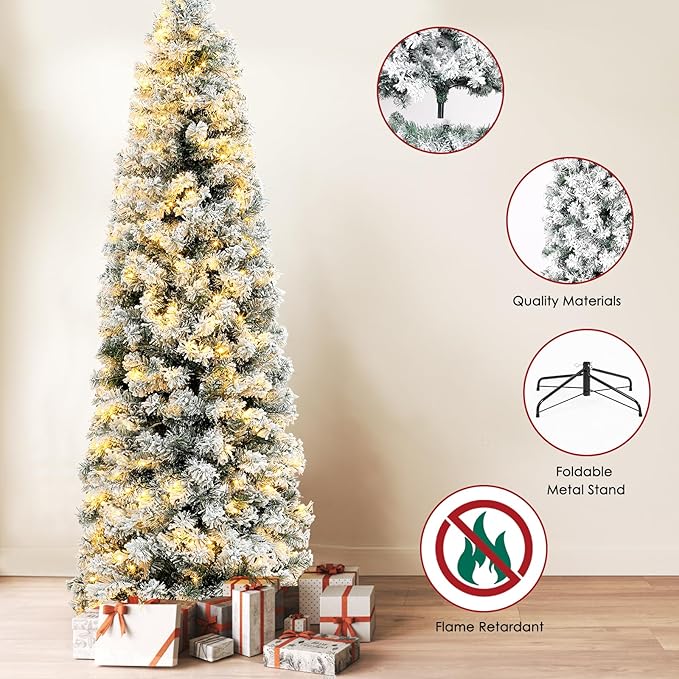6.5ft Pre-lit Snow Flocked Pencil Christmas Tree Fir Hinged Slim Corner Xmas Tree Holiday Decoration with 250 Incandescent Warm White Lights & 586 Snow Branch Tips, White