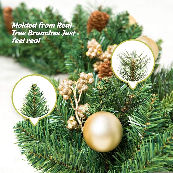 KING BIRD 9 FT by 12 Inch Prelit Christmas Garland with 50 Warm Lights, Battery Operated Xmas Garland with Pine Cones and Timer