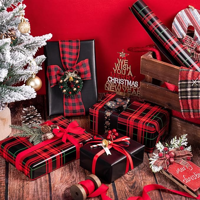 WRAPAHOLIC Reversible Plaid Wrapping Paper - Mini Roll - 17 Inch x 33 Feet - Red and Black Plaid Christmas Wrapping Paper for Christmas, Birthday, Baby Shower, Holiday