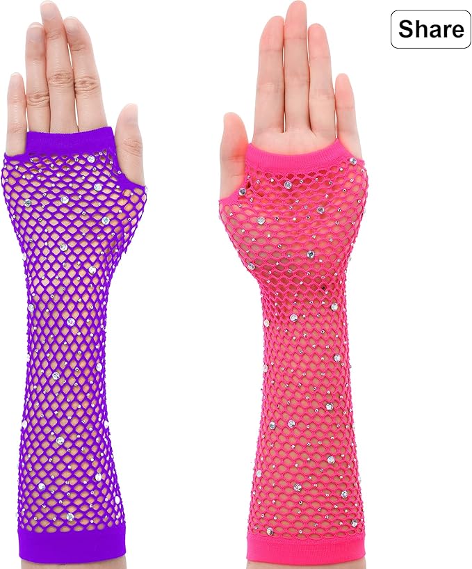 TecUnite 12 Pairs Fishnet Gloves Fingerless Neon Gloves for Women Men 80s Party Costume Accessories Supplies