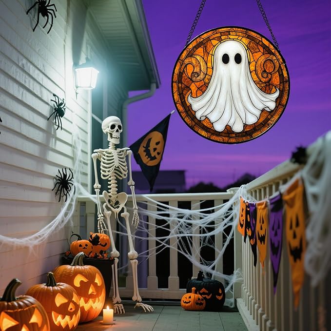 Stained Glass Window Hanging - Halloween Decoration Cute Ghost Suncatcher for Doors Garden Orange Black Spooky Sun Catchers Gothic Decor Horror Gifts for Women Men Friend Boy Girl 15 in