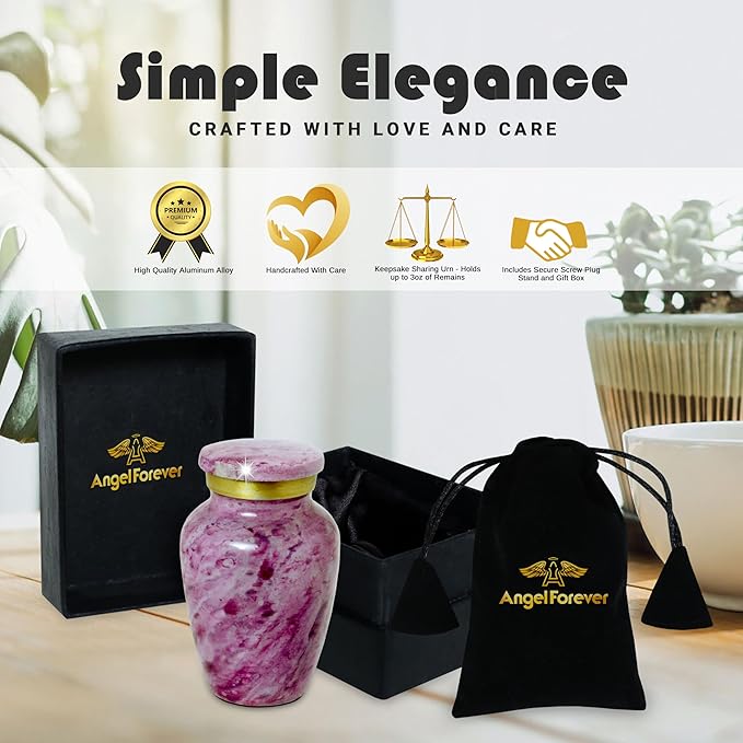 Small Keepsake Urn for Human or Pet Ashes – Handcrafted Light Pink Marble Mini Urn with Velvet Bag & Gift Box | Durable Metal Memorial Token Jar for Baby, Infant, Pet or Loved One – 3 Cu in