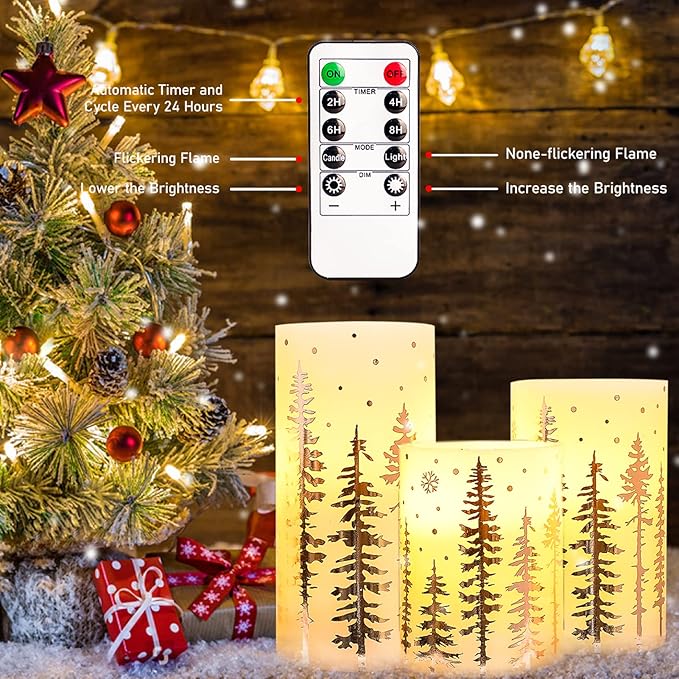 Christmas Flameless Candles, Battery Operated, Hot Stamping Silver Xmas Tree LED Flickering Candles with Remote and Timer, Holiday Decorative Pillar for Xmas, Party, Bedroom