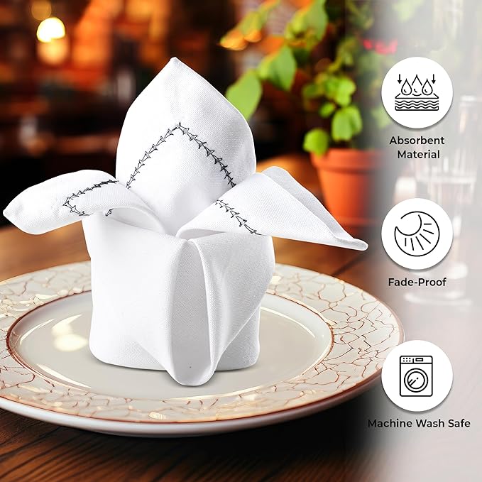 Urban Villa Cloth Napkin Set of 12 Hemstitch White Black 20x20 Inches Premium Soft Cotton Highly Absorbent Reusable & Washable Dinner Table Napkins for Home and Weddings