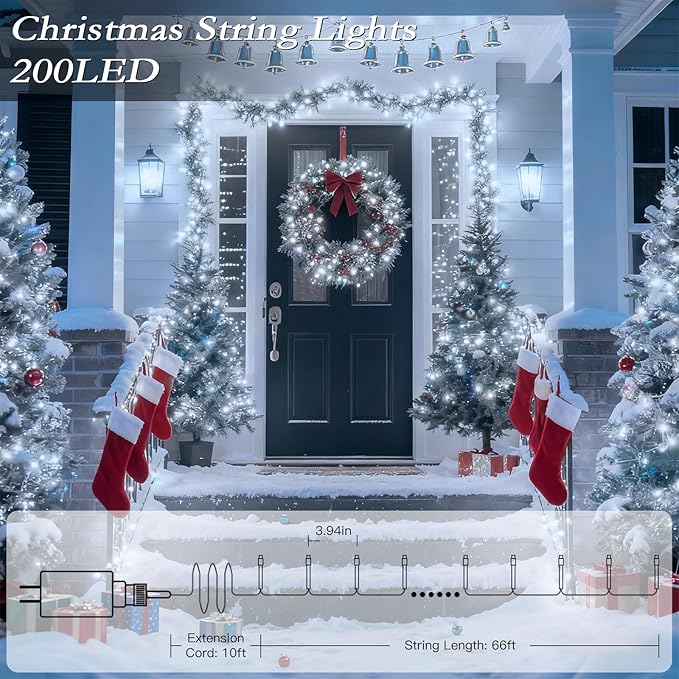 66FT 200 LED Christmas Tree Lights, Bright Cool White Outdoor Christmas String Lights for House, Fairy Lights with 8 Modes, Waterproof & Durable Indoor Outdoor Decor, Timer Included