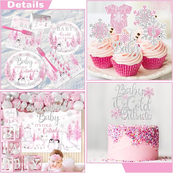 Baby Its Cold Outside Baby Shower Decorations,Pink Winter Wonderland Baby Shower Decorations Plates Napkins Cup Backdrop Banner Swirls Tablecloth Balloons Box for Girl Winter baby shower Decorations