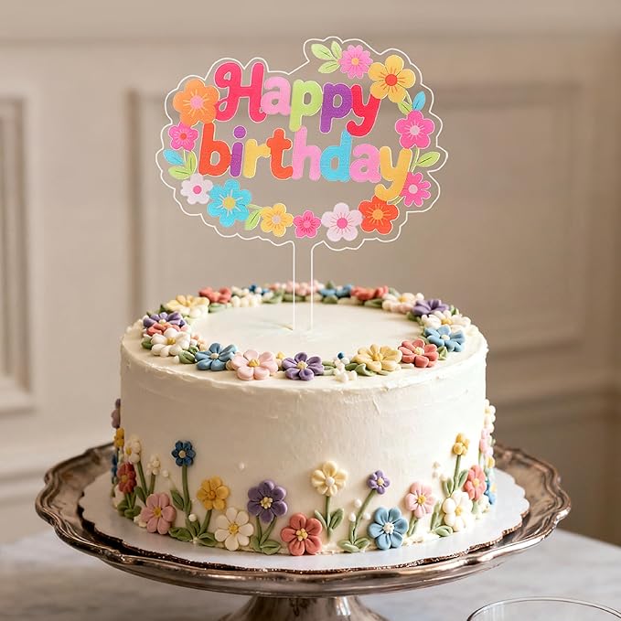Coucoland Birthday Cake Toppers - 1 Pc Vintage Daisy Flower Acrylic Cake Decorations for Baby Shower Birthday Party Supplies