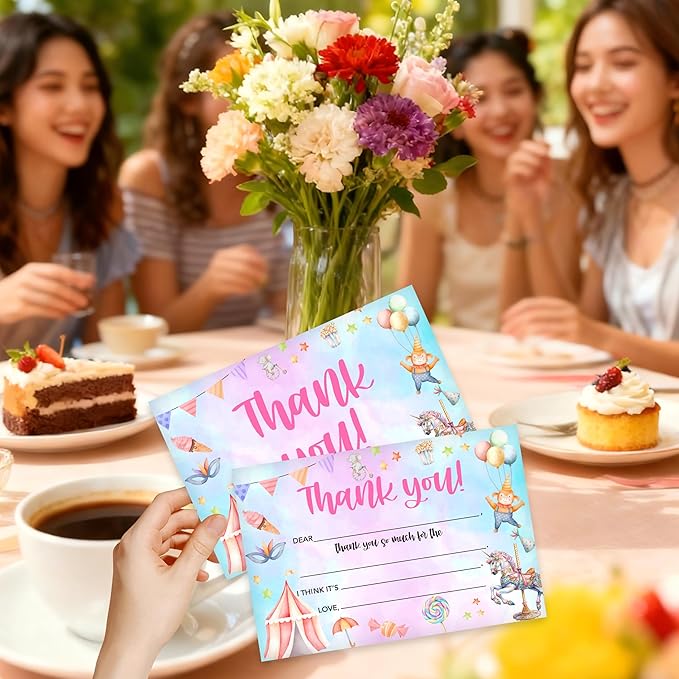 Kids Thank You Card, Carnival Theme Thank You Notes, Circus Greeting Card With Envelope, Birthday Wedding Graduation Christmas Party Favors Supplies Decor(20 Pcs)-02