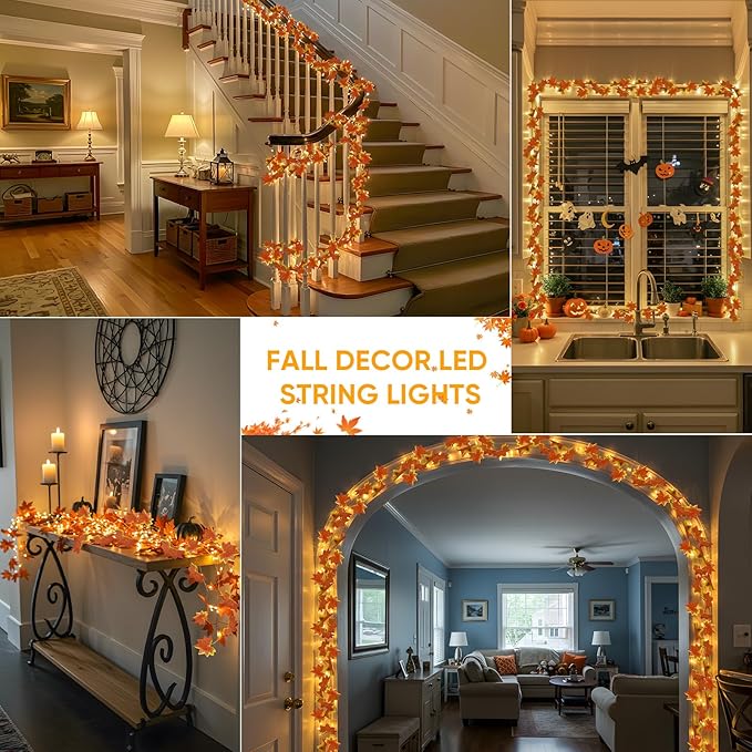 suddus Vine with Fairy Lights Battery Operated, 33ft 100 LED Maple Leaf String Lights with Remote, Dimmable Fall Garland with Lights for Bedroom Wall Indoor Outdoor Thanksgiving Decor (Warm White)
