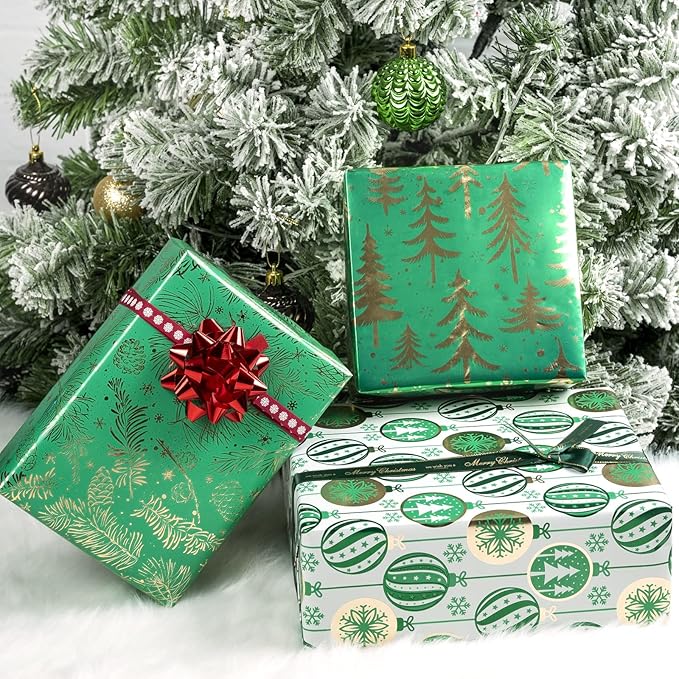 MAYPLUSS Christmas Wrapping Paper Roll - Mini Roll - 17 inch X 120 inch Per roll - 3 Different Green Design with Glitter Metallic Foil Shine (42.3 sq.ft.ttl)
