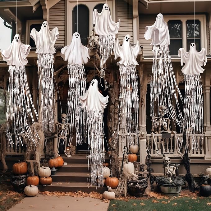 8 Pcs Halloween Ghosts Outdoor Hanging Decorations with Tassels Summer Halloween Decorations Yard Signs for Farmhouse Festival 3.3 ft Spooky Home Lawn Yard Party Supplies Garden Decor