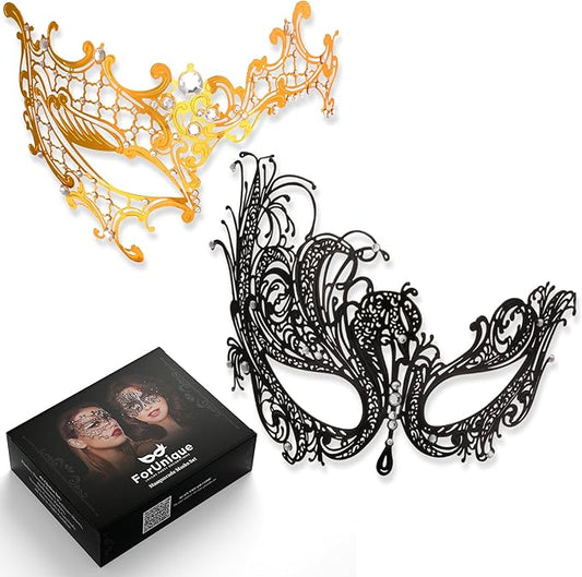 Masquerade Mask for Couples Women and Men - 3 Pack Venetian Gold and Black Lace, Mardi Gras Mask
