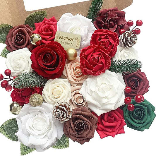 Christmas Artificial Flowers Red Burgundy Roses Bouquet for DIY Xmas Wreath Bridal Wedding Shower Decorations Party Table Centerpieces Fake Floral Arrangement Home Decor Indoor