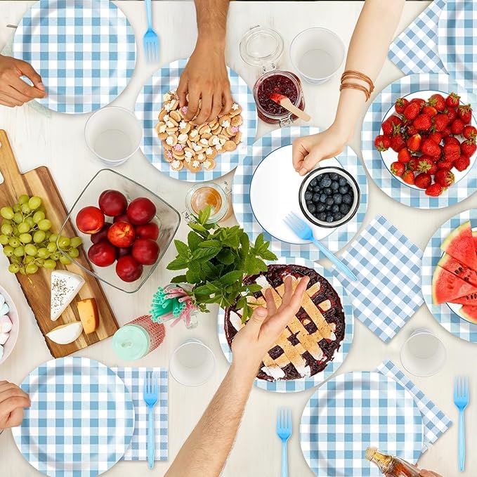 Blue Gingham Plates and Napkins Party Supplies, Blue and White Disposable Tableware Set, Checkered Plaid Paper Plates for Birthday Family Dinner Picnic Barbecue Baby Shower Decor Serves 25