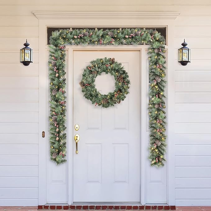 Glitzhome 2PK 6ft Christmas Garlands with Lights, Glittered Pinecones and Berries Greenery Christmas Garlands with 50 Warm White Lights and Timer for Christmas Holiday Party Hanging Decorations