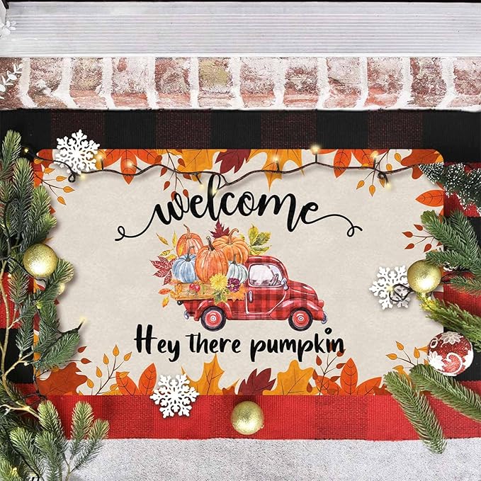 InterestPrint Happy-Thanksgiving Door Mat, Vintage Fall Truck Decor for Covered Outdoor Area Pumpkin Welcome Mat for Autumn Halloween Thanksgiving Farmhouse Decor, 30"x18"inch