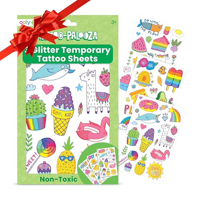 Ooly 50 Glitter Temporary Tattoos For Kids, Safe & Non-Toxic Temporary Tattoo, Party Favors Gifts for Kids, Great Goodie Bag Stuffers & Fun Birthday Decorations - Doodle World