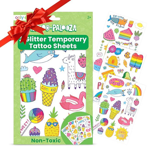 Ooly 50 Glitter Temporary Tattoos For Kids, Safe & Non-Toxic Temporary Tattoo, Party Favors Gifts for Kids, Great Goodie Bag Stuffers & Fun Birthday Decorations - Doodle World
