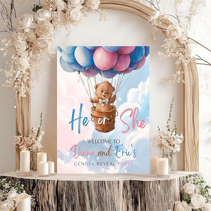 Gender Reveal Welcome Sign – Teddy Bear Balloon Theme,Personalized Teddy Bear Gender Reveal Welcome Sign, He or She Yard Sign, Boy or Girl Gender Reveal Sign, We Can Bearly Wait Gender Reveal .8