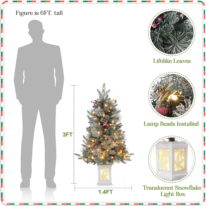 GarveeHome 3ft Prelit Christmas Tree with 78 Warm Lights & Red Berry, Artificial Xmas Trees with Snowflake Light Box Base, for Home, Office, Fireside Christmas Decoration, Set of 1